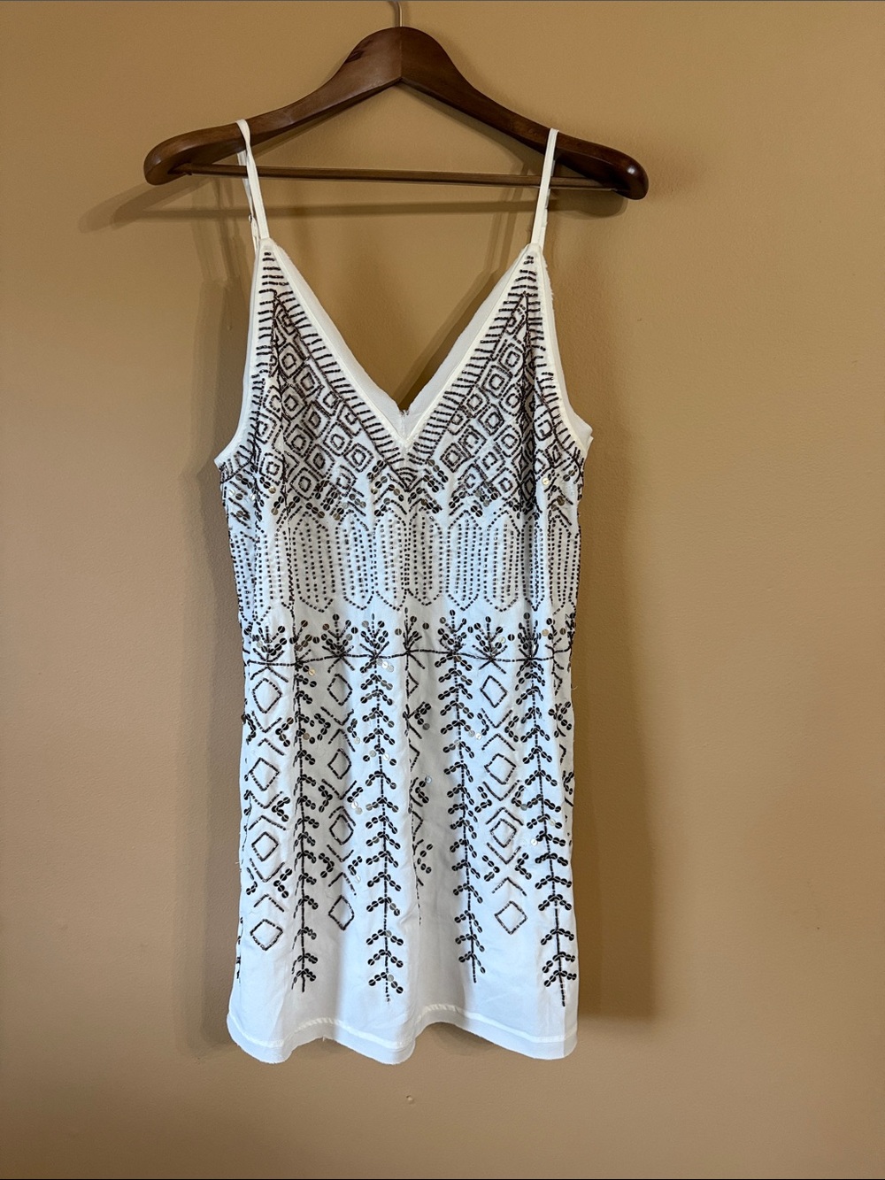 Free People White Mini Dress with Black Geometric Embroidery